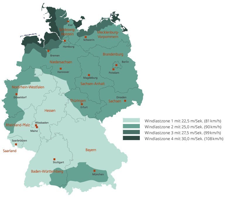 Karte Windlastzonen in Deutschland
